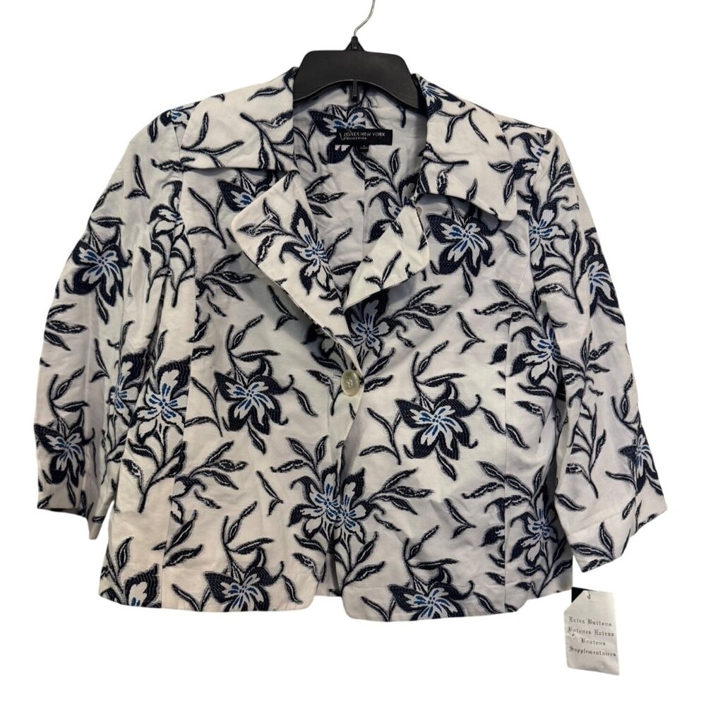 Vintage Jones New York Cropped Floral Blazer White Blue Embroidered Jacket